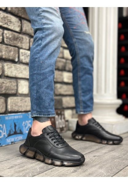BA0344 İçi Dışı Hakiki Deri Rahat Taban Siyah Sneakers Casual Erkek Ayakkabı