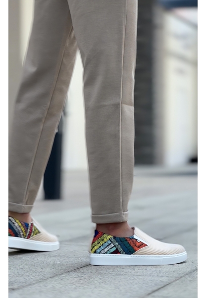 BA0339 Bağcıksız Keten Krem Renkli Desenli Beyaz Taban Günlük Erkek Ayakkabı