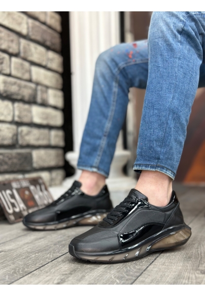 BA0334 İçi Dışı Hakiki Deri Rahat Taban Siyah Sneakers Casual Erkek Ayakkabı