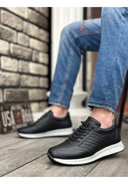 BA0325 İçi Dışı Hakiki Deri Gizli Bağcık Rahat Taban Siyah Sneakers Casual Erkek Ayakkabı