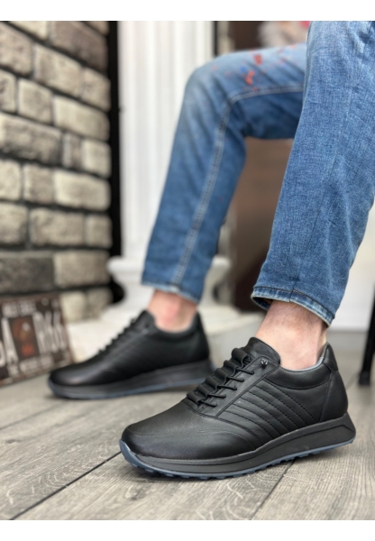 BA0325 İçi Dışı Hakiki Deri Gizli Bağcık Rahat Taban Siyah Sneakers Casual Erkek Ayakkabı