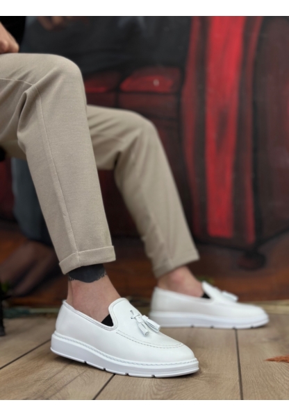 BA0005 Bağcıksız Yüksek Taban Klasik Beyaz Püsküllü Erkek Ayakkabı