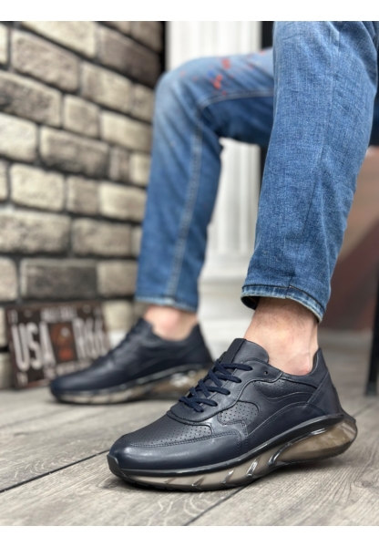 BA0324 İçi Dışı Hakiki Deri Rahat Taban Lacivert Sneakers Casual Erkek Ayakkabı